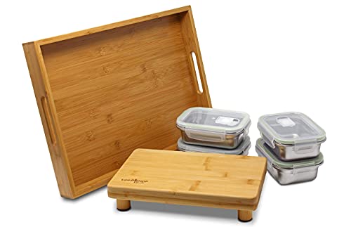 VERSACHOP Quattro - Totally natural organic bamboo cutting board with included stainless steel lunch boxes with airtight lids and serving tray. Perfect for meal prep, storage and organization.