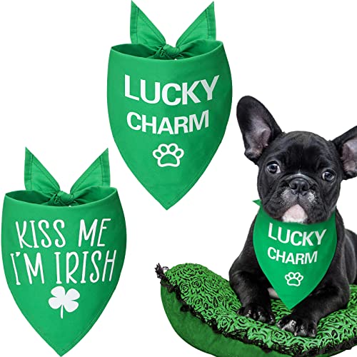 Weewooday 2 Pieces St. Patrick's Day Dog Bandanas Set Include Kiss Me I'm Irish Dog Scarf Shamrock Leaf Dog Bandana Irish Clover Triangle Bib and Green Bandana