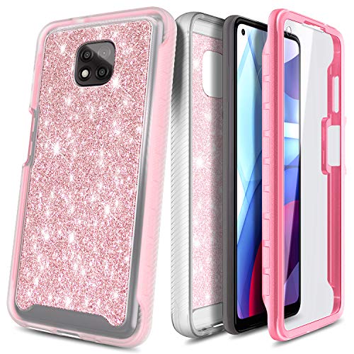 NZND Motorola Moto G Power 2021 Case with [Built-in Screen Protector], Full-Body Shockproof Protective Bumper Cover, Impact Resist Durable Phone Case (Glitter Rose Gold)