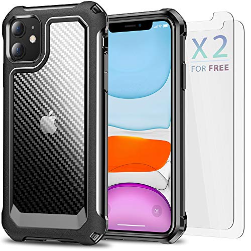 SUPBEC iPhone 11 Case, Slim Carbon Fiber Shockproof Protective Cover with Screen Protector [x2] [Military Grade Drop Protection] [Anti Scratch & Fingerprint], Phone Cases for iPhone 11, 6.1", Black