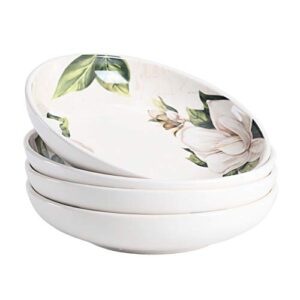 Bico Magnolia Floral Ceramic 35oz Dinner Bowls, Set of 4, for Pasta, Salad, Cereal, Soup & Microwave & Dishwasher Safe