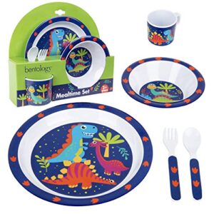 5 pc mealtime baby feeding set for kids and toddlers - includes plate, bowl, cup, fork and spoon utensil flatware - durable, dishwasher safe, bpa free - dino