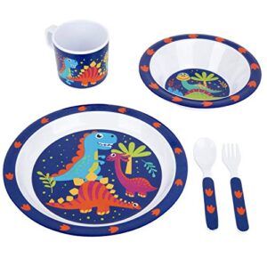 5 Pc Mealtime Baby Feeding Set for Kids and Toddlers - Includes Plate, Bowl, Cup, Fork and Spoon Utensil Flatware - Durable, Dishwasher Safe, BPA Free - Dino