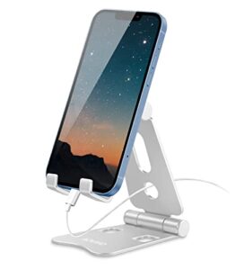aoviho adjustable phone stand holder cell phone holder, updated fully foldable desk dock cradle for iphone 12 13 11 pro x xr xs max 8 7 6 plus samsung ipad mini kindle (silver)