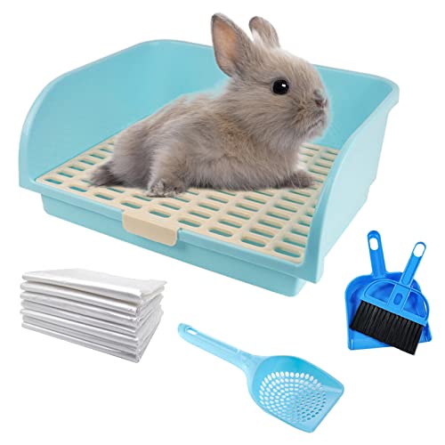 kathson Large Rabbit Litter Box, Pets Toilet Potty Trainer Tray Corner Small Animals Litter Bedding Box Bigger Pet Pan with Grass Mats for Adult Guinea Pig/Chinchilla/Ferret/Rabbit (Blue)