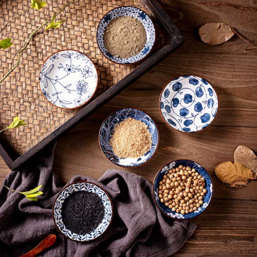 Japanese Style Ceramic Dipping Bowls,4 Inch Side Dishes Sauce Dishes for Sushi,Sauce,Snack and Soy,3 Oz Blue and White Pinch Bowls for Kitchen Prep - Set of 6(4 inch)