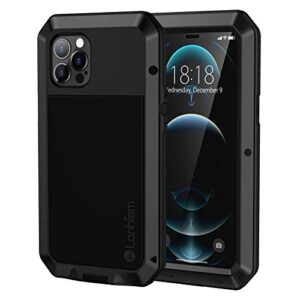 lanhiem for iphone 12 pro max metal case (6.7 inch), heavy duty shockproof [tough armour] case with built-in glass screen protector, 360 full body dust proof protective cover, black