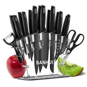 sanhui 17 in 1 black knife sets acrylic stand stainless steel kitchen knife set with block contain 8 piece chef knife set 6-piece black steak knives with scissor and vegetable peeler knife