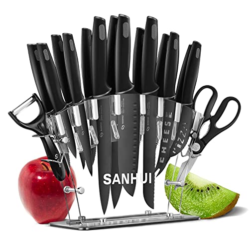 SANHUI 17 in 1 Black Knife Sets Acrylic Stand Stainless Steel Kitchen Knife Set with Block Contain 8 Piece Chef Knife Set 6-Piece Black Steak Knives with Scissor and Vegetable Peeler Knife