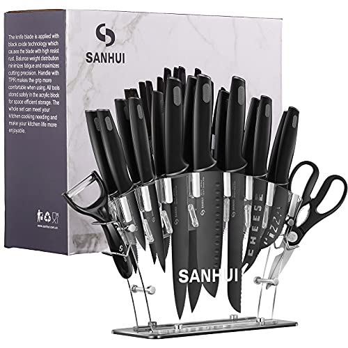 SANHUI 17 in 1 Black Knife Sets Acrylic Stand Stainless Steel Kitchen Knife Set with Block Contain 8 Piece Chef Knife Set 6-Piece Black Steak Knives with Scissor and Vegetable Peeler Knife