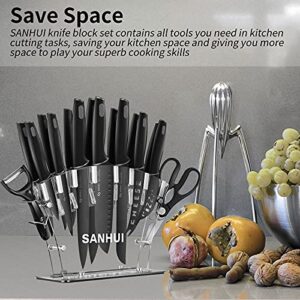 SANHUI 17 in 1 Black Knife Sets Acrylic Stand Stainless Steel Kitchen Knife Set with Block Contain 8 Piece Chef Knife Set 6-Piece Black Steak Knives with Scissor and Vegetable Peeler Knife