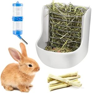 kathson Rabbit Hay Feeders Ceramic Food Bowl Rack Bunny Water Bottles Dispenser Small Animal Chew Twist for Rabbit Guinea Pig Chinchillas Hamsters