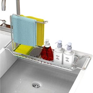 Mindore Sink Caddy, Telescopic Sink Storage Rack, Stainless Steel Sponge Holder for Kitchen Sink, Over Sink Sponge Holder with Dishcloth Towel Holder, Adjustable Sink Rack for Soap, Scrubber Brush