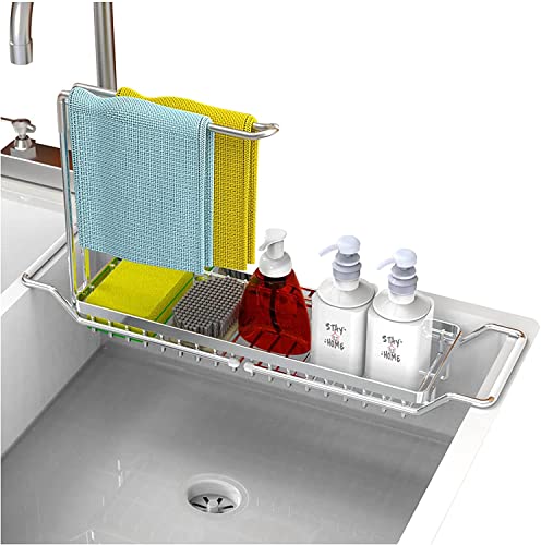 Mindore Sink Caddy, Telescopic Sink Storage Rack, Stainless Steel Sponge Holder for Kitchen Sink, Over Sink Sponge Holder with Dishcloth Towel Holder, Adjustable Sink Rack for Soap, Scrubber Brush