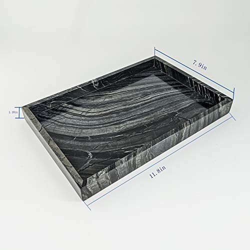 BustleDust 100% Natural Marble Tray Rectangular Vanity Tray and Serving Tray for Bathroom,Kitchen and Coffee Table (Ancient Wood Grain,Black, 11.8L x 7.87W x 1.18H)