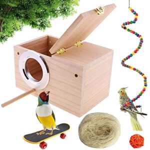 kathson parrot nest breeding box, wood bird nest for cage, parakeet nesting box with perches pet house natural coconut fiber bird toys for parakeet cockatoo budgie cockatiel lovebirds (small)