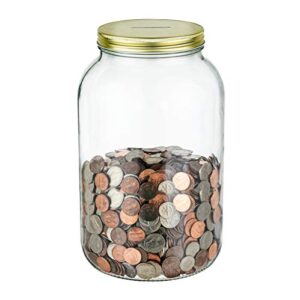 large coin bank jar with slotted gold lid holds over $2,900 in coins- mason money jar used for piggy bank and raffle ticket drawing - glass money jar made in usa - gallon