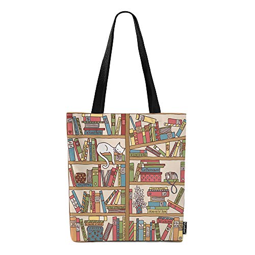 Moslion Book Tote Bag Cartoon Bookshelf with Cute Sleeping Cat Kitten in Library Canvas Bag Large Shoulder Handbag Reusable Shopping Bags for Women Girls School 15x16 Inch Brown