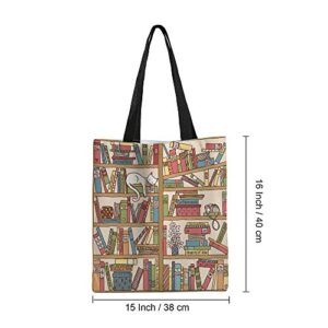 Moslion Book Tote Bag Cartoon Bookshelf with Cute Sleeping Cat Kitten in Library Canvas Bag Large Shoulder Handbag Reusable Shopping Bags for Women Girls School 15x16 Inch Brown