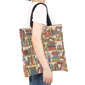 Moslion Book Tote Bag Cartoon Bookshelf with Cute Sleeping Cat Kitten in Library Canvas Bag Large Shoulder Handbag Reusable Shopping Bags for Women Girls School 15x16 Inch Brown