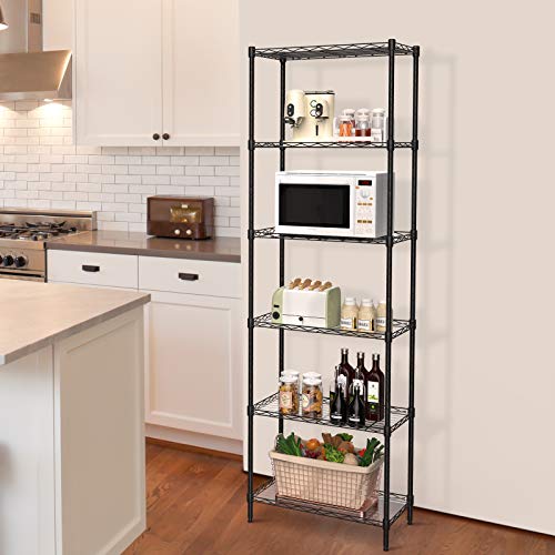 NATRKE 6-Tier Storage Shelf Wire Shelving Unit, Adjustable Heavy Duty Storage Shelves for Kitchen Organization, with Leveling Feet, Black (21.26 Lx12 Wx69 H)