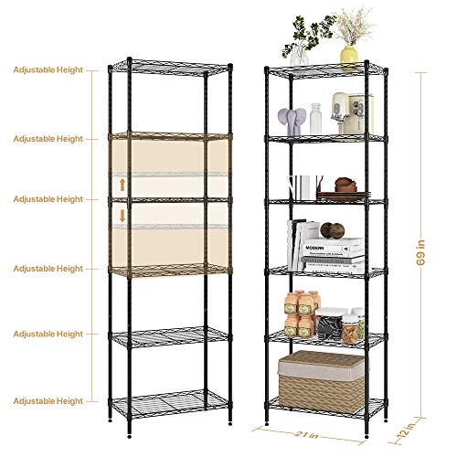 NATRKE 6-Tier Storage Shelf Wire Shelving Unit, Adjustable Heavy Duty Storage Shelves for Kitchen Organization, with Leveling Feet, Black (21.26 Lx12 Wx69 H)