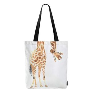 moslion giraffe tote bag wild animal watercolor giraffe with brow white feather canvas bag large shoulder handbag reusable shopping bags for women girls school 15x16 inch