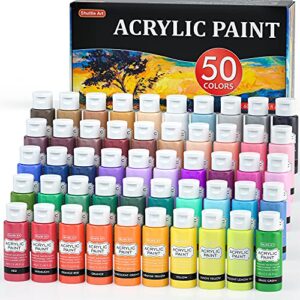 shuttle art acrylic paint, 50 colors acrylic paint set, 2oz/60ml bottles, rich pigmented, water proof, premium acrylic paints for artists, beginners and kids on canvas rocks wood ceramic fabric