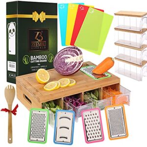 Zeembu Bamboo Cutting Board With Containers and Mats for Quick Meal Prep. Sturdy and Multifunctional Chopping Board with Stackable Containers for Easy Storage. Great Gift for Cooking Enthusiast.