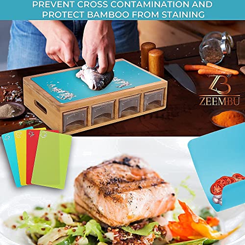 Zeembu Bamboo Cutting Board With Containers and Mats for Quick Meal Prep. Sturdy and Multifunctional Chopping Board with Stackable Containers for Easy Storage. Great Gift for Cooking Enthusiast.