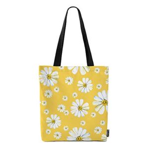 moslion white daisy canvas bags camomile flower in yellow garden botanical plant floral tote bags laptop bags large bulk reusable for women men work study 15x16 inch