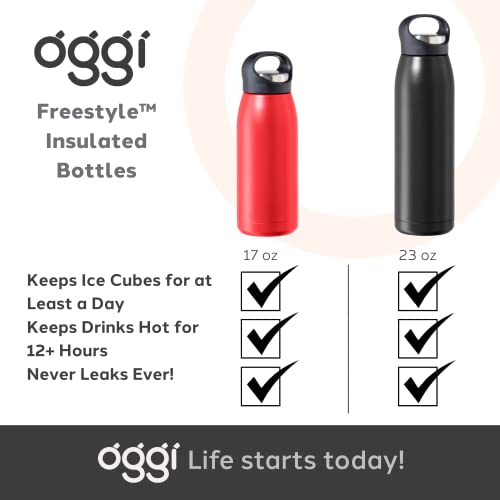 OGGI Freestyle Stainless Steel Insulated Water Bottle- Double Wall Vacuum Insulated, Travel Thermos, 23oz(680ml), Red