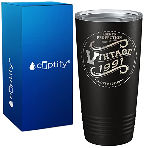 Cuptify 1991 Aged to Perfection Vintage 32nd Birthday Gift for Men and Women 32 Years Old on Black 20 oz Insulated Stainless Steel Tumbler with Lid