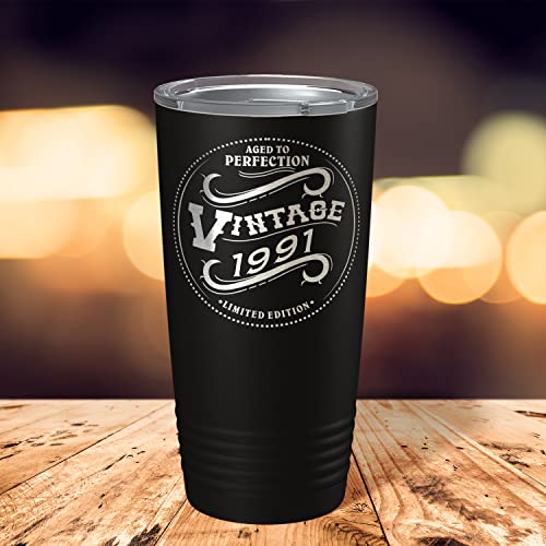 Cuptify 1991 Aged to Perfection Vintage 32nd Birthday Gift for Men and Women 32 Years Old on Black 20 oz Insulated Stainless Steel Tumbler with Lid