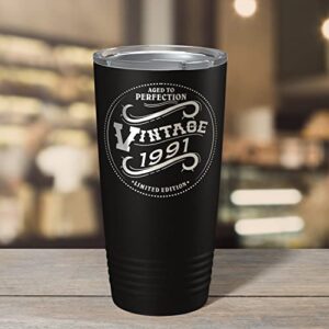 Cuptify 1991 Aged to Perfection Vintage 32nd Birthday Gift for Men and Women 32 Years Old on Black 20 oz Insulated Stainless Steel Tumbler with Lid