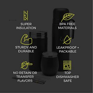 BALIBETOV Complete Yerba Mate Set - Modern Mate Gourd, Thermos, Yerba Container, Bombilla and Cleaning Brush Included - All Premium Quality 304 18/8 Stainless Steel (BLACK)