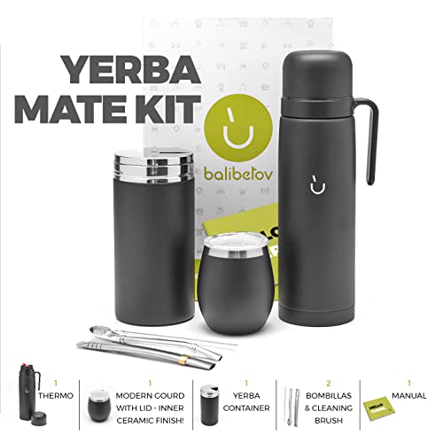 BALIBETOV Complete Yerba Mate Set - Modern Mate Gourd, Thermos, Yerba Container, Bombilla and Cleaning Brush Included - All Premium Quality 304 18/8 Stainless Steel (BLACK)