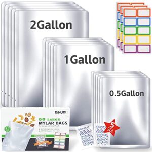50 mylar bags 60x400cc oxygen absorbers for food storage long term 8.7 mil gallon aluminum foil 60 stickers (14"x18", 10"x14", 8"x12")