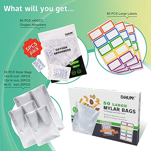 50 Mylar Bags 60x400CC Oxygen Absorbers for Food Storage Long Term 8.7 Mil Gallon Aluminum Foil 60 Stickers (14"x18", 10"x14", 8"x12")