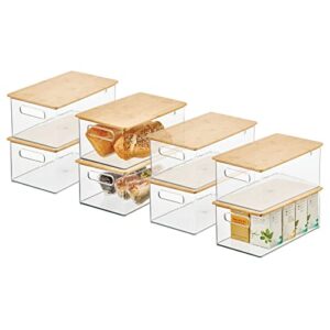 mdesign plastic stackable storage organizer container bin with handles, bamboo wood lid; for kitchen, pantry, cabinet organization; holds packaged food, snacks; ligne collection, 8 pack, clear/natural