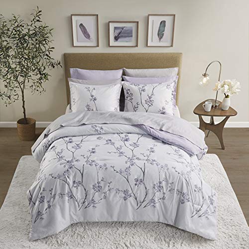 Comfort Spaces Bed in A Bag - Trendy Casual Design Cozy Comforter with Complete Sheet Set with Side Pocket, All Season Cover, Matching Shams Queen(90"x90"), Kate, Grey/Purple 9 Piece