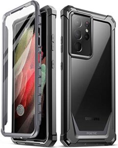 poetic guardian case designed for samsung galaxy s21 ultra 5g 6.8 inch, built-in screen protector work with fingerprint id, full body hybrid shockproof bumper cover case, black/clear