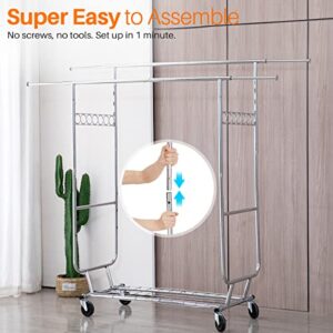 HOKEEPER 600 lbs Commercial Clothing Garment Rack with Shelves Clothing Racks on Wheels Rolling Closet Clothes Rack Heavy Duty Portable Collapsible Adjustable, Chrome Finish