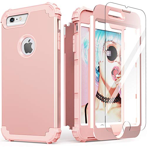 IDweel iPhone 6S Plus Case with Tempered Glass Screen Protector, iPhone 6 Plus Case, 3 in 1 Shockproof Slim Hybrid Heavy Duty Hard PC Cover Soft Silicone Rugged Bumper Full Body Case,(Rose Gold)