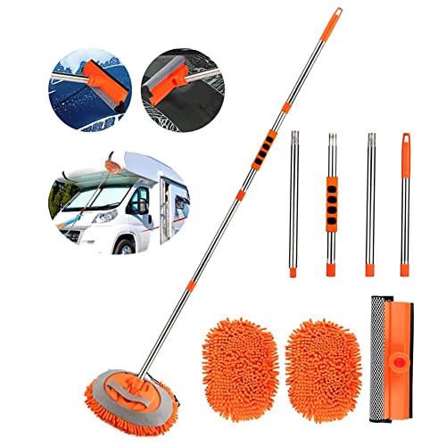 GES 62'' Car Wash Mop Mitt with Long Handle, 3 in 1 Chenille Microfiber Car Wash Brush Extension Pole, Scratch Cleaning Tool for Car, Truck, RV, Total 1 Pcs Mop Head and 1Pcs Drying Squeegee Sponge