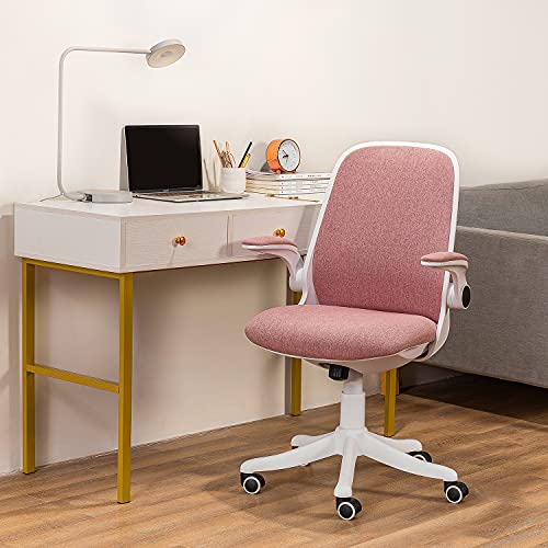 FINEWISH Pink Office Chair, Ergonomic Mid Back Swivel Desk Chair Fabric Office Computer Swivel Adjustable Rolling Task Chair Executive Chair with Flip up (Pink, New)