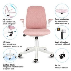 FINEWISH Pink Office Chair, Ergonomic Mid Back Swivel Desk Chair Fabric Office Computer Swivel Adjustable Rolling Task Chair Executive Chair with Flip up (Pink, New)