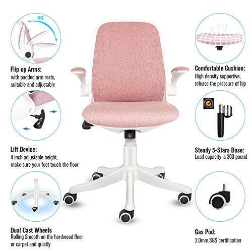 FINEWISH Pink Office Chair, Ergonomic Mid Back Swivel Desk Chair Fabric Office Computer Swivel Adjustable Rolling Task Chair Executive Chair with Flip up (Pink, New)