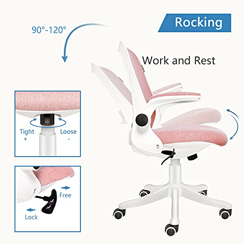 FINEWISH Pink Office Chair, Ergonomic Mid Back Swivel Desk Chair Fabric Office Computer Swivel Adjustable Rolling Task Chair Executive Chair with Flip up (Pink, New)