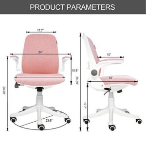 FINEWISH Pink Office Chair, Ergonomic Mid Back Swivel Desk Chair Fabric Office Computer Swivel Adjustable Rolling Task Chair Executive Chair with Flip up (Pink, New)